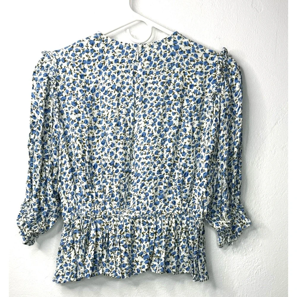 FAITHFULL THE BRAND Blue Floral Smocked Puff Sleeve Peplum Top Size 4 -3206
